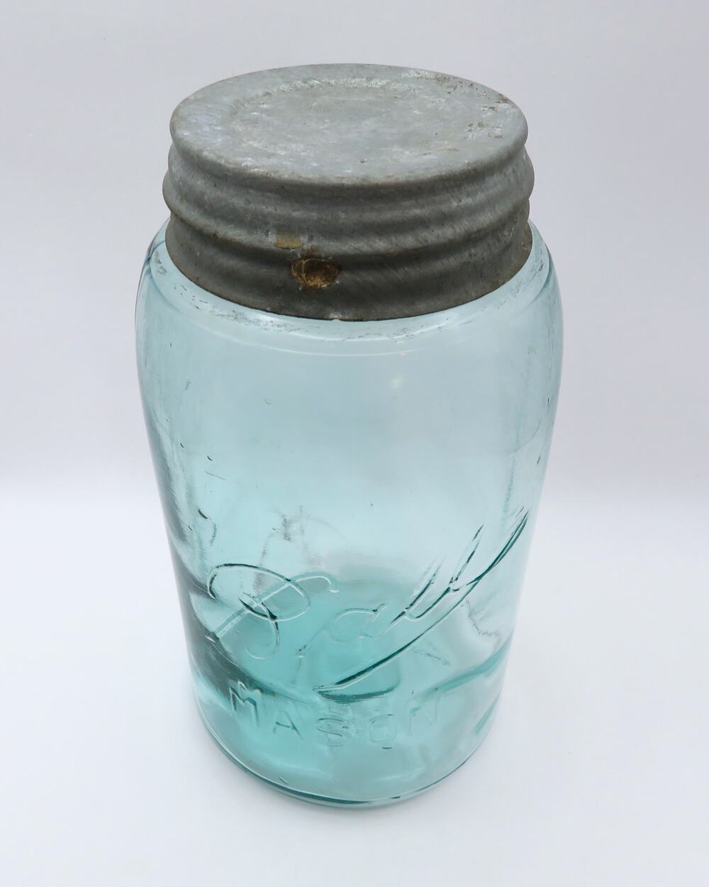 Antique Ball Perfect Mason Aqua Quart Jar Zinc Milk Glass Lid 1910s